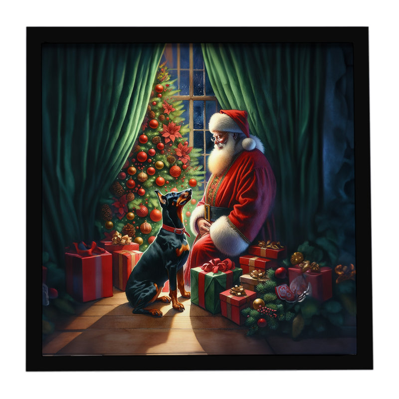 «Doberman Pinscher and Santa Claus», reproduction d'art encadrée