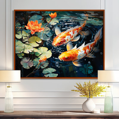 Art japonais encadré jaune et rouge, Japon, Koi III