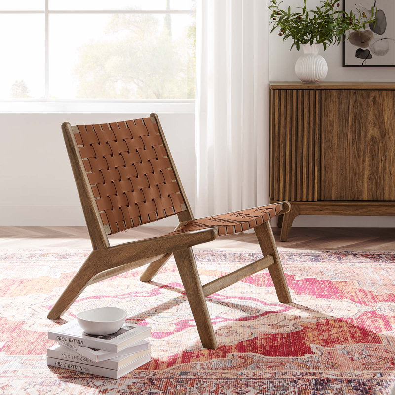 Saoirse Faux Leather Wood Accent Lounge Chair, Walnut, Brown Faux Leather