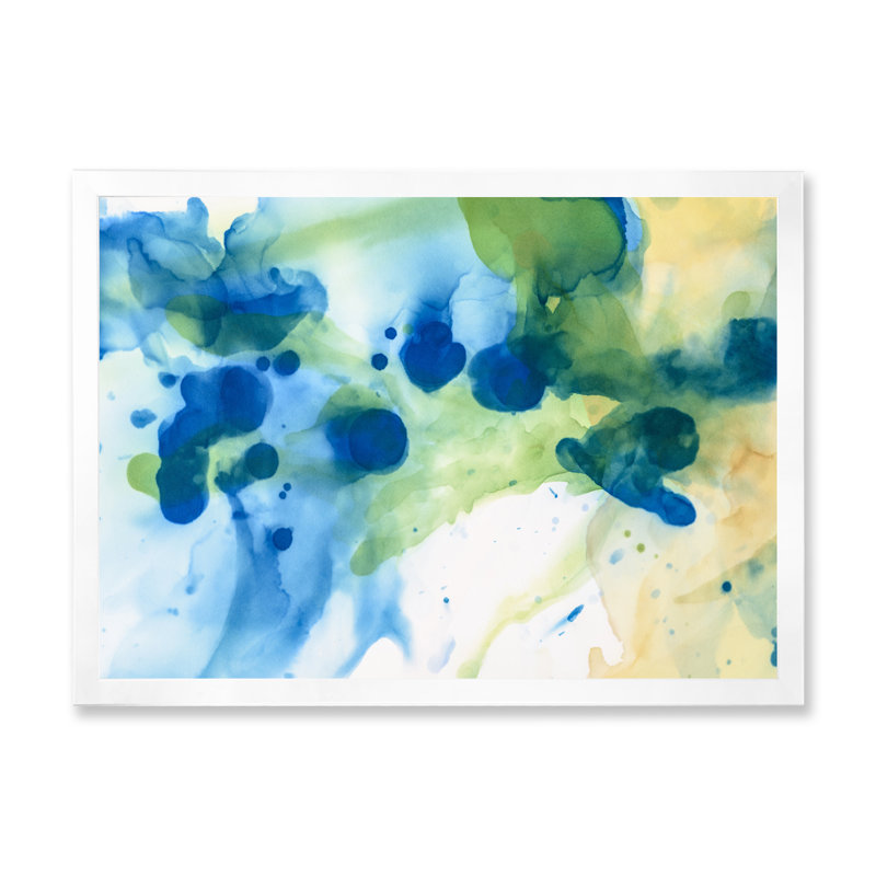 Encre verte, éclaboussures bleues et œuvres d'art sur toile moderne, H 34 po x l 44 po x P 1,5 po, Cadre photo blanc