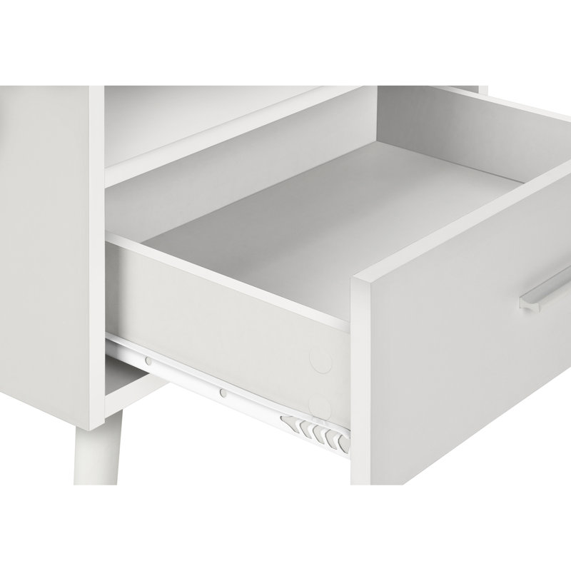 Table d'appoint en stratifié blanc, 61 cm de hauteur, style moderne, avec tiroir de rangement et ouverture pour une utilisation en bout de table dans une chambre ou un salon.