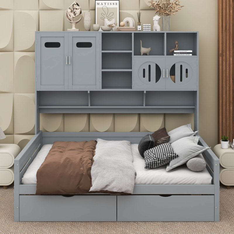 Lit de jour en bois avec tiroirs, Complet/Double, Gris