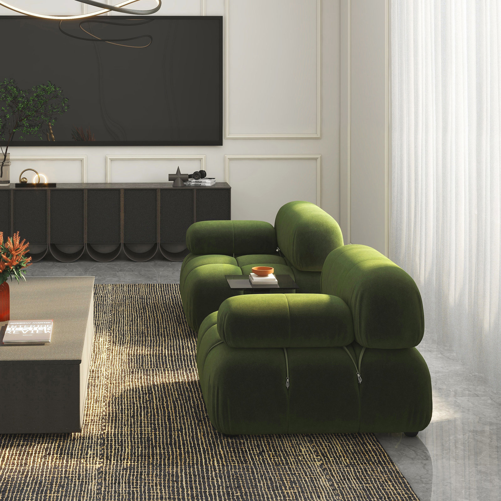 Sigma Upholstered Sofa, Olive Green Velvet, 27.5" H x 72.5" W x 36" D, 2