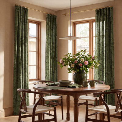 Forest Green Floral Curtains Linen Blended, Semi Sheer Rod Pocket And Back Tab Drapes For Modern American Home Decor, For Bedroom, Bay Window, W52 x L90