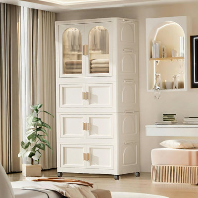 25.59" Side Wide Folding Wardrobe , 25.59"×15.75"×70.87 ", with Magnetic Door, Plastic Storage Cabinet with Wheels