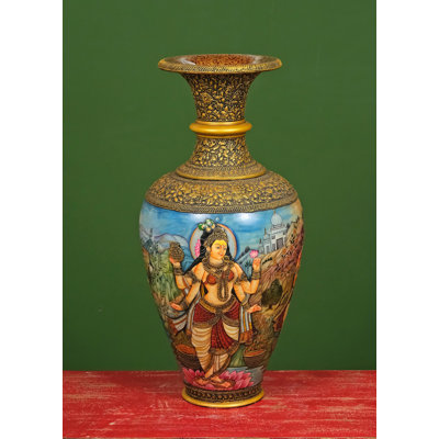 27" Marble Flower Vase with Ganesha, Lakshmi & Saraswati Print – Handmade Artistic Floral Motif, Auspicious Luxury Accent for Living Room or Temple