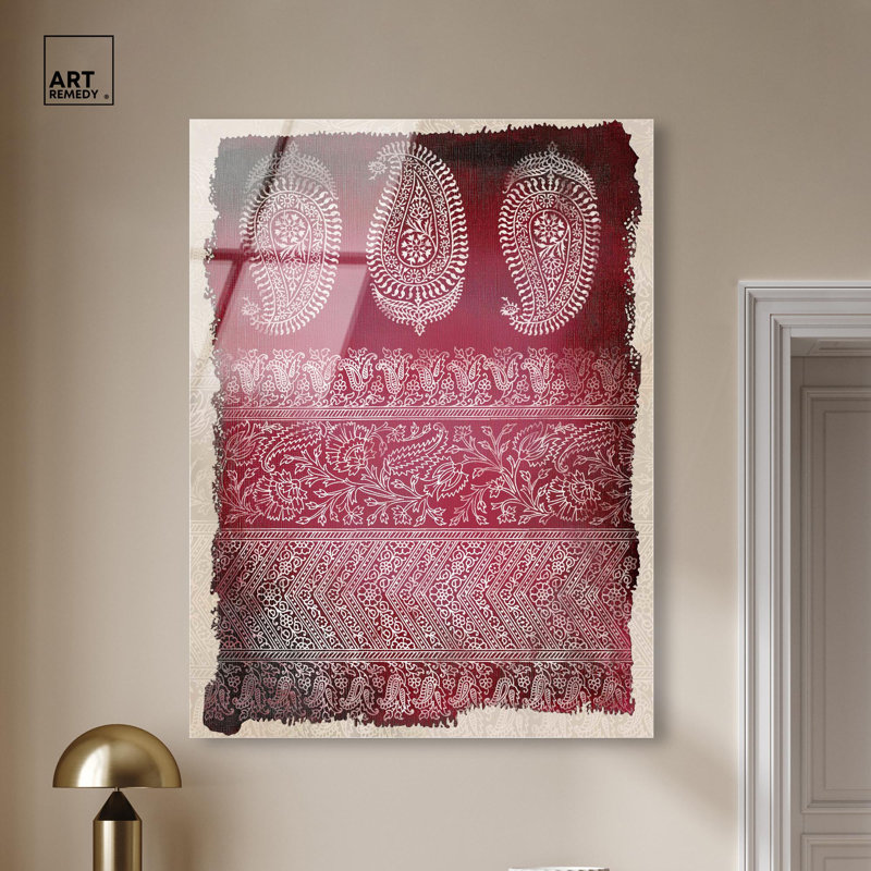 Décoration murale orientale bourgogne en timbres en acrylique par Art Remedy, prête à être accrochée, H 45 po x l 36 po