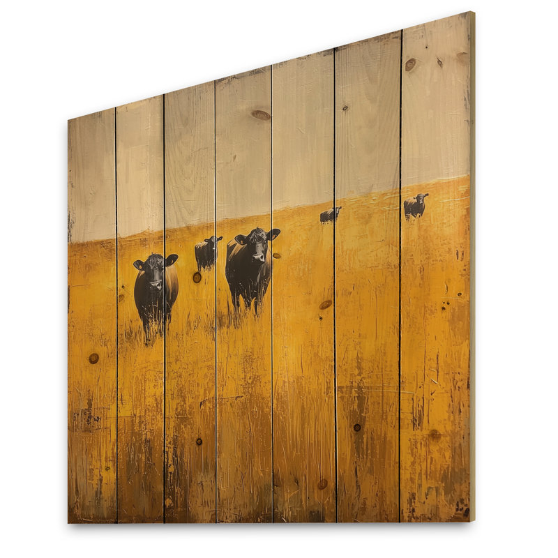 Cows In The Golden Fields I - Countryside Wood Print - On Natural Pine Wood, 30" H x 30" W x 0.78" D
