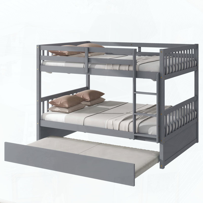 Full Over Full Rubber Wood Bunk Bed with Trundle and Convertible Design, Gray