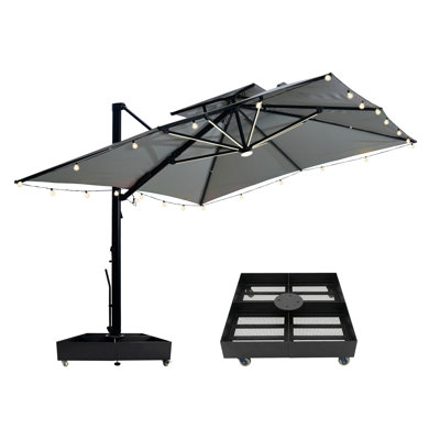 Cantilever Patio Lighted Umbrella With DIY Drape Hook And Base