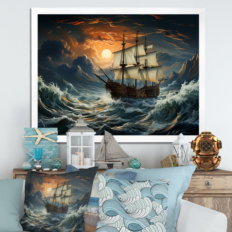 «Pirate Ship Legacy II», art mural pirate, H 34 po x l 44 po x P 1,5 po, Cadre de coin blanc fermé