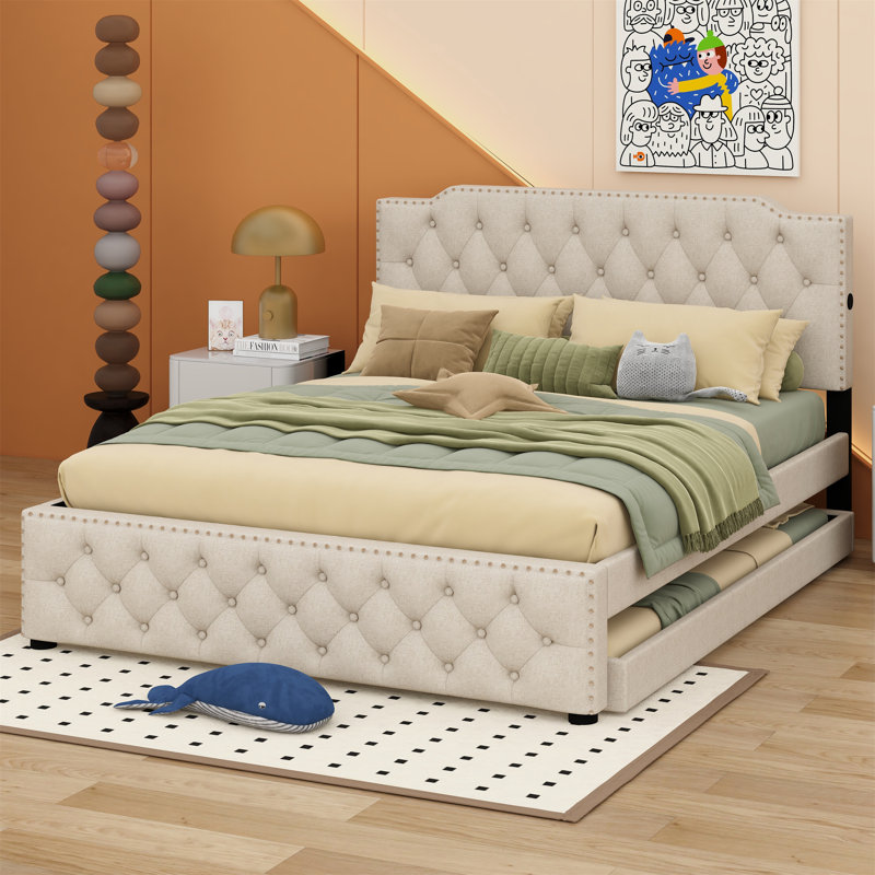 Lit à panneau tapissier Broida, Beige