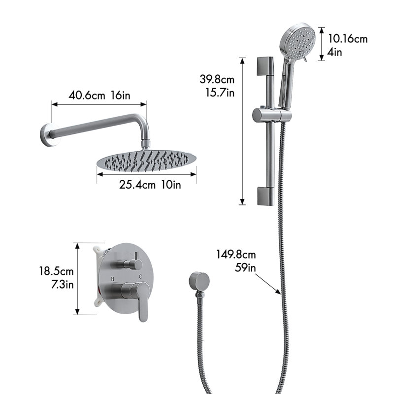 Système de douche de 10 pouces, ensembles de robinets de douche à barre coulissante, pommes de douche rondes complètes et combiné de douche à main 5 jets, robinet mural noir mat