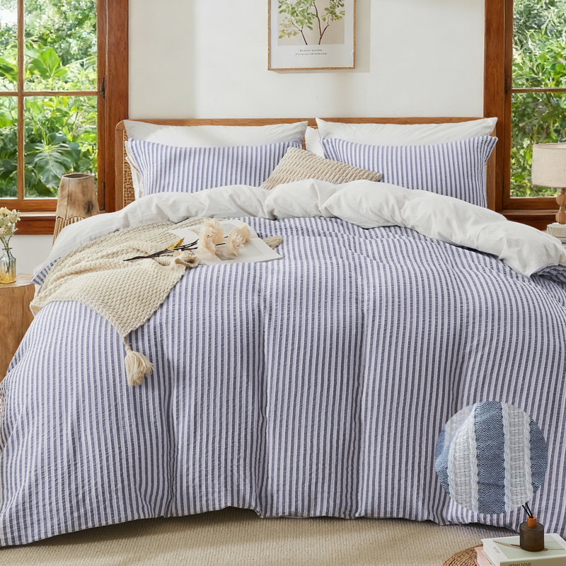 Ensemble de housse de couette rayée en coton délavé avec fermeture à glissière et attaches de coin, King, Navy Blue