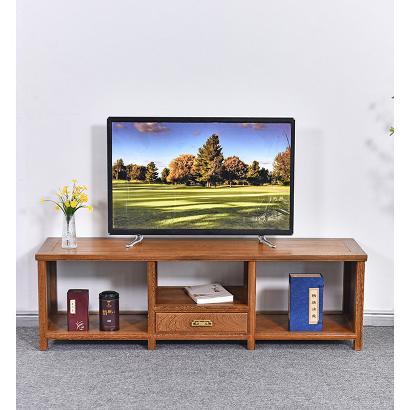 Meuble télé oriental en bois massif avec tiroir central et trois espaces de rangement