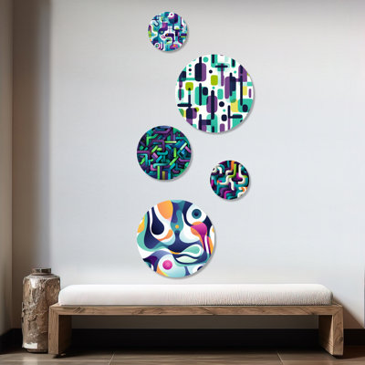 Colourful Popart Groovy Gradient Canvas III - Geometric Modern Round Wall Art Set Of 5