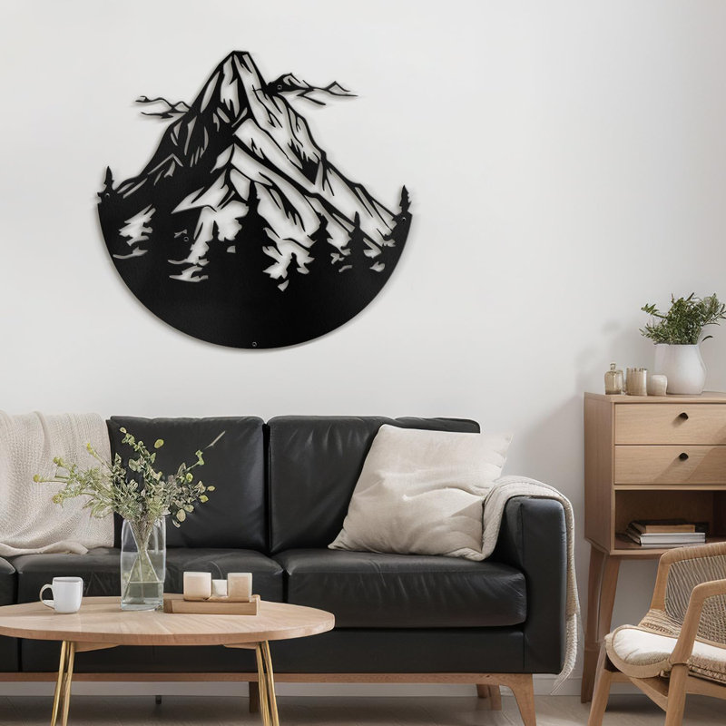 Montagnes et pins, décoration murale abstraite moderne minimaliste, décoration murale en métal, Noir