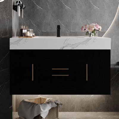 Meuble-lavabo de 39,4 po avec lavabo, lavabo en céramique, armoire en contreplaqué, comptoir en pierre frittée, rangement à fermeture en douceur, grande solution de rangement intelligente imperméable et prête à installer, fermeture silencieuse