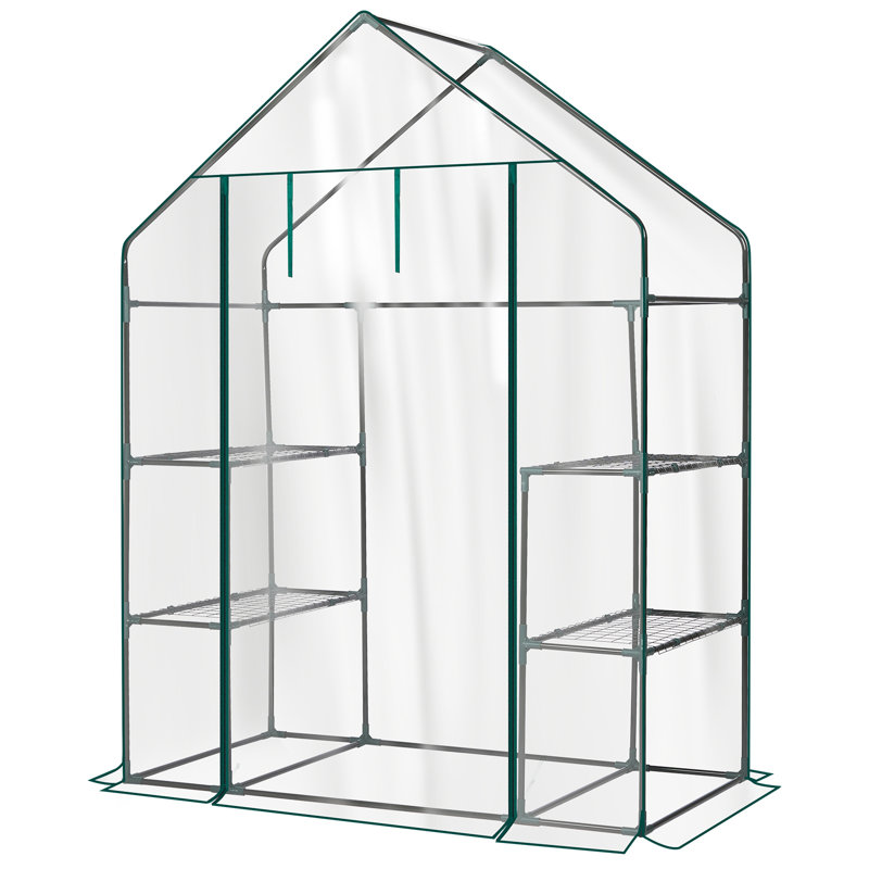 Metal-Framed PE-Covered Mini Walk-In Greenhouse With 4 Shelves, 28.74", White
