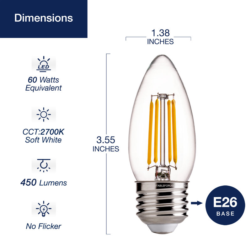 B11 Dimmable LED Chandelier Light Bulbs, 4.5W(60W Equivalent), 450LM, 2700K Soft White, E26 Base (Set of 6), Clear Bulbs