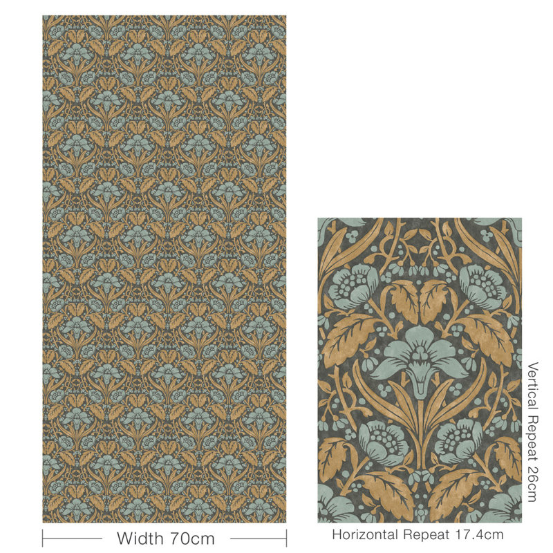 2'9" L x 27.58" W Wallpaper Roll, Aqua/Ochre