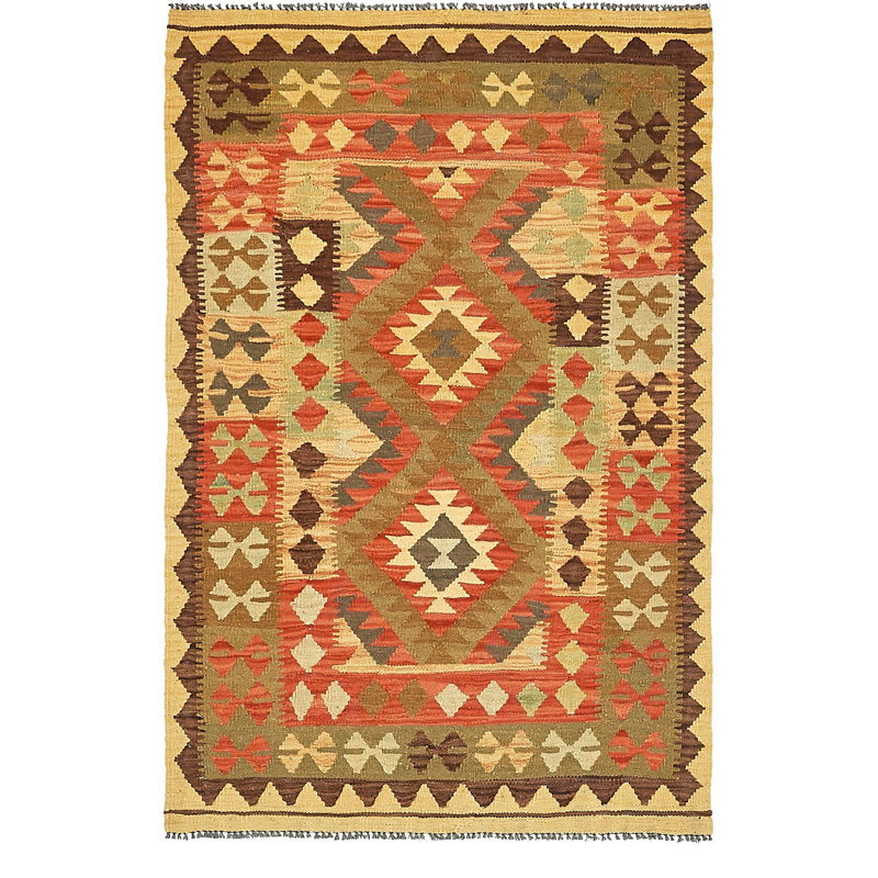 Tapis de zone en laine jaune/rouge 3 pi 3 po x 5 pi one-of-kind à la main noué la Doorfield