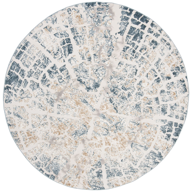 Tapis crème / bleu sarcelle, Circulaire 6 pi 7 po x 6 pi 7 po