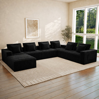 Abdou 141.7" Boneless U-Shaped Compression Sectional Sofa, Corduroy Cloud Couch, Black