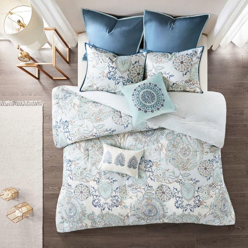 8 Piece Cotton Bedding King Blue - Printed Floral Reversible, Solid Euro Shams, Bed Skirt Comforter Watercolor Medallion Print,