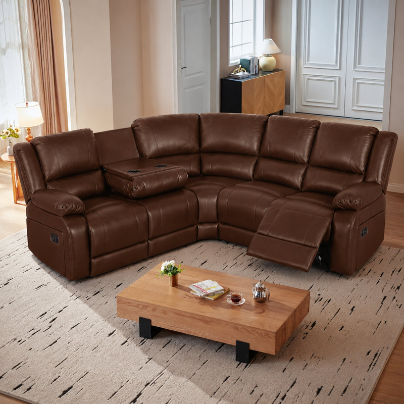 Talley 5 Piece Faux Leather Reclining Sectional with a Drop Down Table Seat, Reddish Brown
