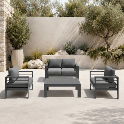 Ensemble de conversation moderne en aluminium 4 pièces pour patio, canapé 4 places avec coussins épais gris foncé et structure grise et table basse