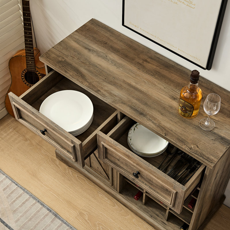 Armoire de rangement pour boissons alcoolisées avec 2 tiroirs, vin amovible, pour la cuisine, la salle à manger, l'armoire de bar de style gris délavé, les tablettes, la cuisine et
