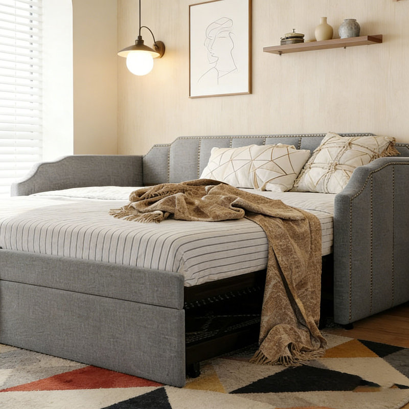 Twin Size Upholstered Daybed with Pop-Up Trundle & USB Charging Ports, Gray