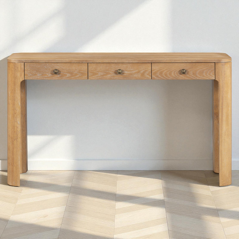Console rétro classique avec 3 tiroirs et pieds en bois massif Solstice, Naturel