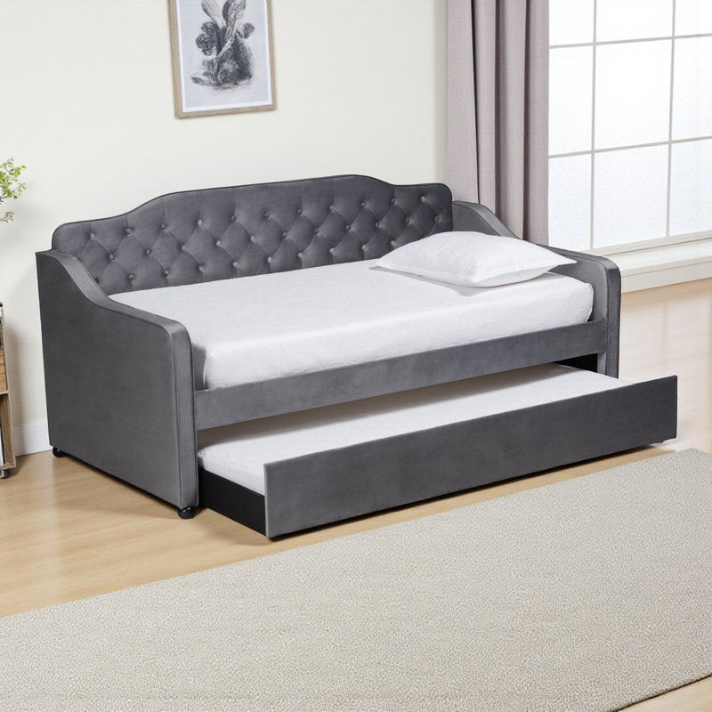 Varol Twin Size Upholstered Velvet Daybed in Gray, 39.09'' H X 83.25'' W X 57.25'' L, Gray, Twin