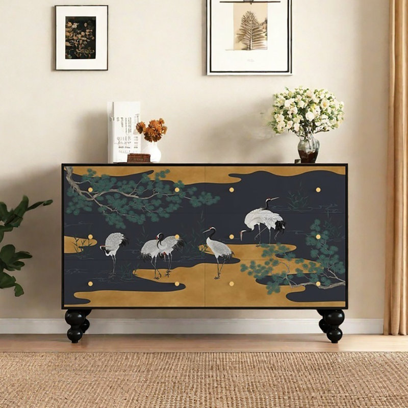 Buffet 53,1 po à six tiroirs, Noir / bleu foncé
