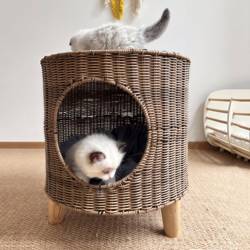 Lit-grotte surélevé en rotin PE tissé à la main avec pieds en bois massif, refuge pour animaux de compagnie à deux niveaux avec coussin moelleux lavable, peut supporter jusqu'à 13 lb, 16,5 po x 16,5 po x 17,7 po, brun