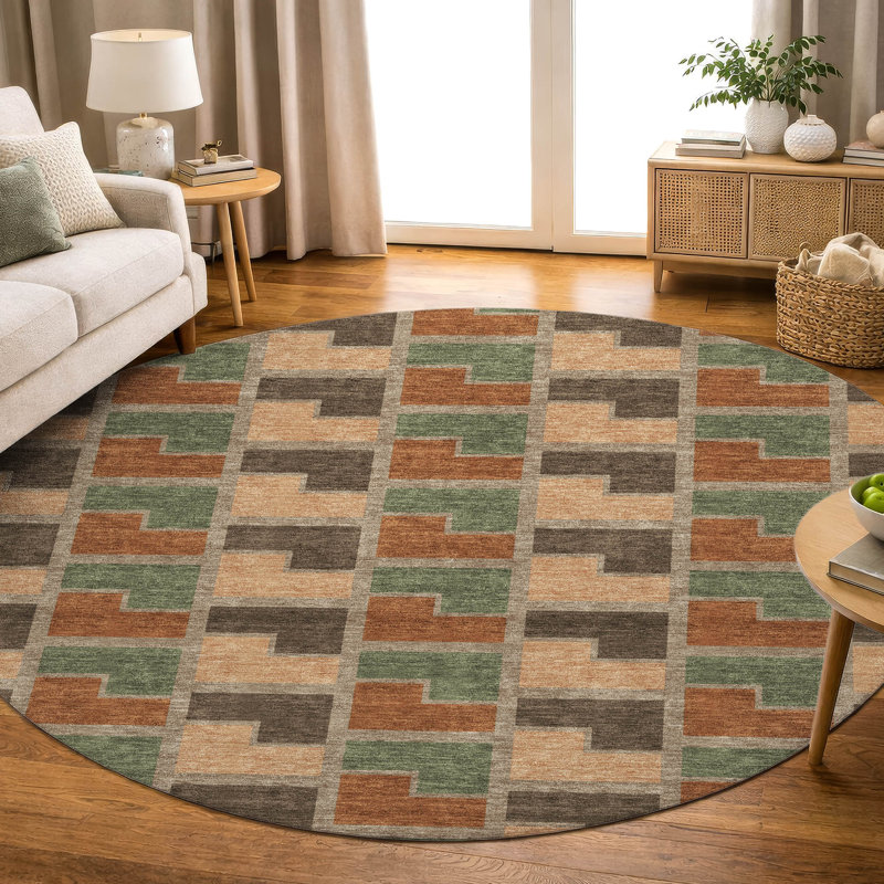 Premium Machine Washable Mayfield AMF2417 Geometric Rug, Paprika, 8' Round