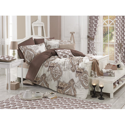 Ensemble de housse de courtepointe luxueuse 100% coton double Ranforce, 86,6 x 86,6 pouces | Pigment imprimé, brun, blanc et crème | Lavable à la machine, housse de couette et enveloppe à fermeture à boutons à 145 fils | Literie confortable et élé