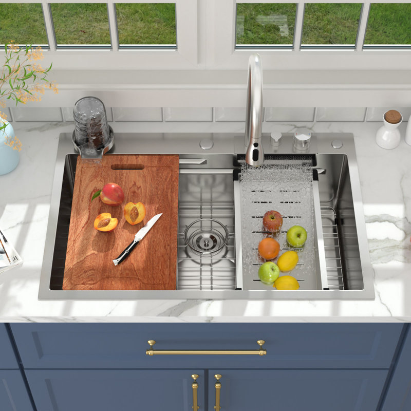 33" L x 22" W Drop In Workstation Kitchen Sink Topmount Waterfall Large Sink 16 Gauge Stainless Steel Single Bowl Sink