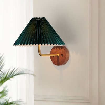 Oakwood 1-Light Modern Dimmable Flush Mounted Wall Sconce in Brushed Gold with Emerald Parchment Paper Shade