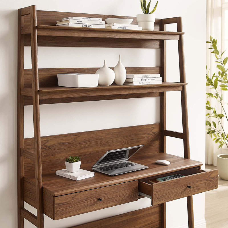 Bixby Walnut Wood Office Desk with Bookshelf and Drawers