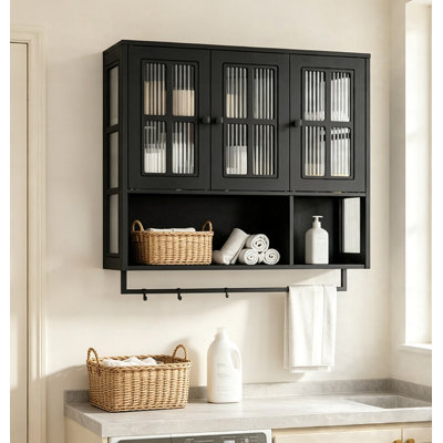 Modern Minimalist Wall Mounted Storage Cabinet with Fluted Tempered Glass Doors, Removable Shelves & Towel Rack, Floating Display Organizer Cabinet for Bathroom Kitchen Living Room