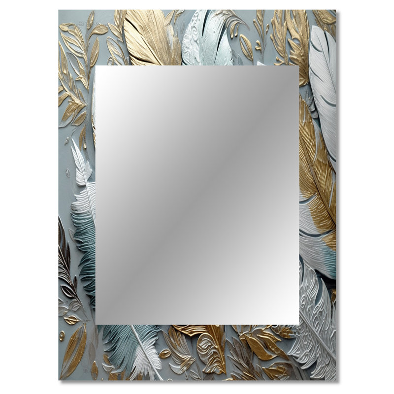 Gold Gilded Feathers V - Glam Feather Large Mirror, Gold Decorative Wall Mirror, Printed Metal Art, 40" x 30"