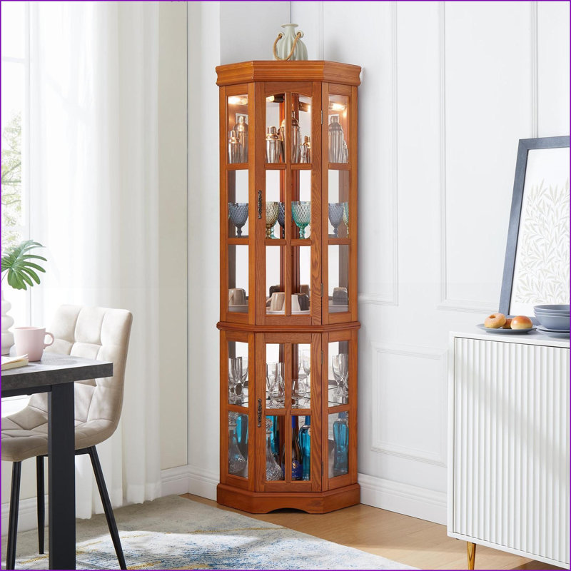 Cabinets, Traditional Walnut Brown MDF Corner Curio with 5 Shelves &amp; Lighting, 70.5"H x23.3"Wx18"D | Traditional | Corner of Room