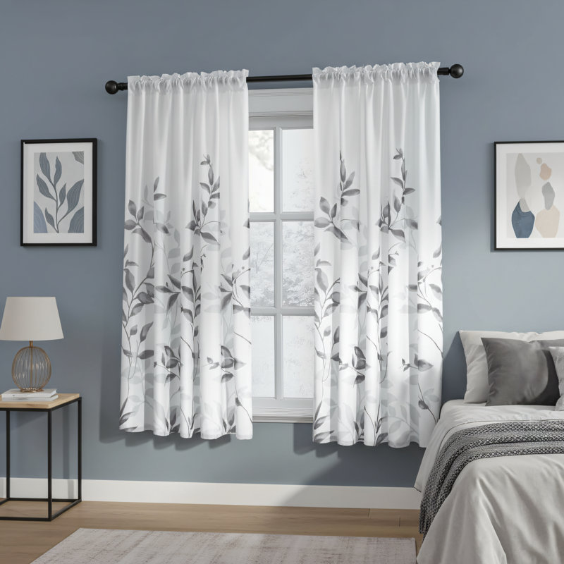Opaque Light Gray-White Privacy Sheer Curtains, 52X63 Inches, Two-Piece Set, Leaf And Floral Print, Semi-Transparent, Suitable For Bedrooms And Living Rooms.