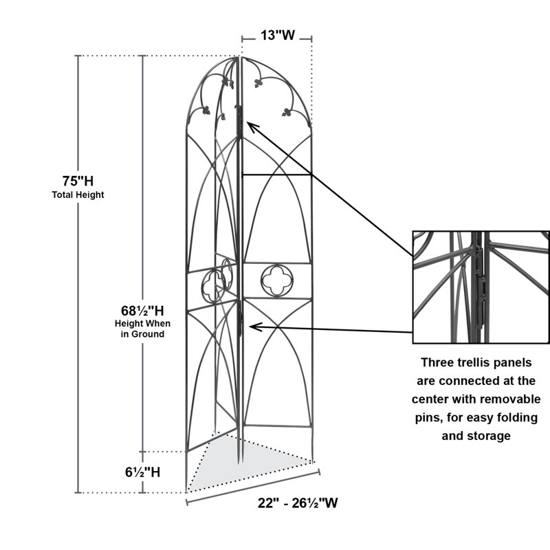Graphite Wrought Iron Gothic Trellis with Cathedral Arches