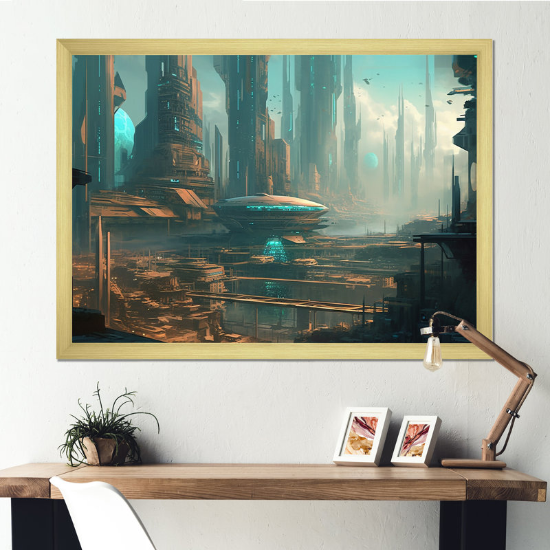 Futuristic City II " Futuristic City II ", 12" H x 20" W x 1" D, Gold Picture Framed