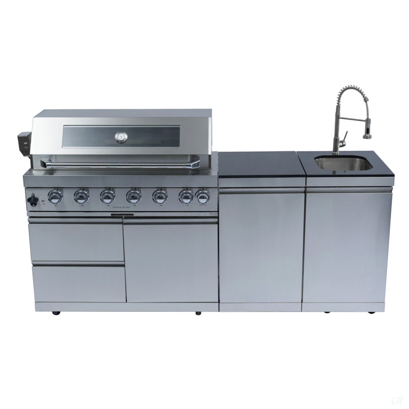 43-Inch 6-Burner 85000 BTU Deluxe Stainless Steel Gas Outdoor Kitchen Bar Barbecue Island Grill  + Rotisserie + Granite Countertops + Storage Cabinets & Drawers + Stainless Steel Sink/Faucet