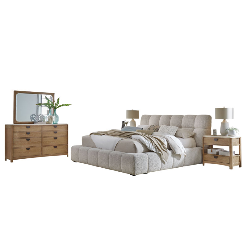 Grand lit tapissier 2 tables de chevet et commode avec miroir, 5 Pcs: Bed, Dresser, Mirror, 2 Nightstands, Grand lit